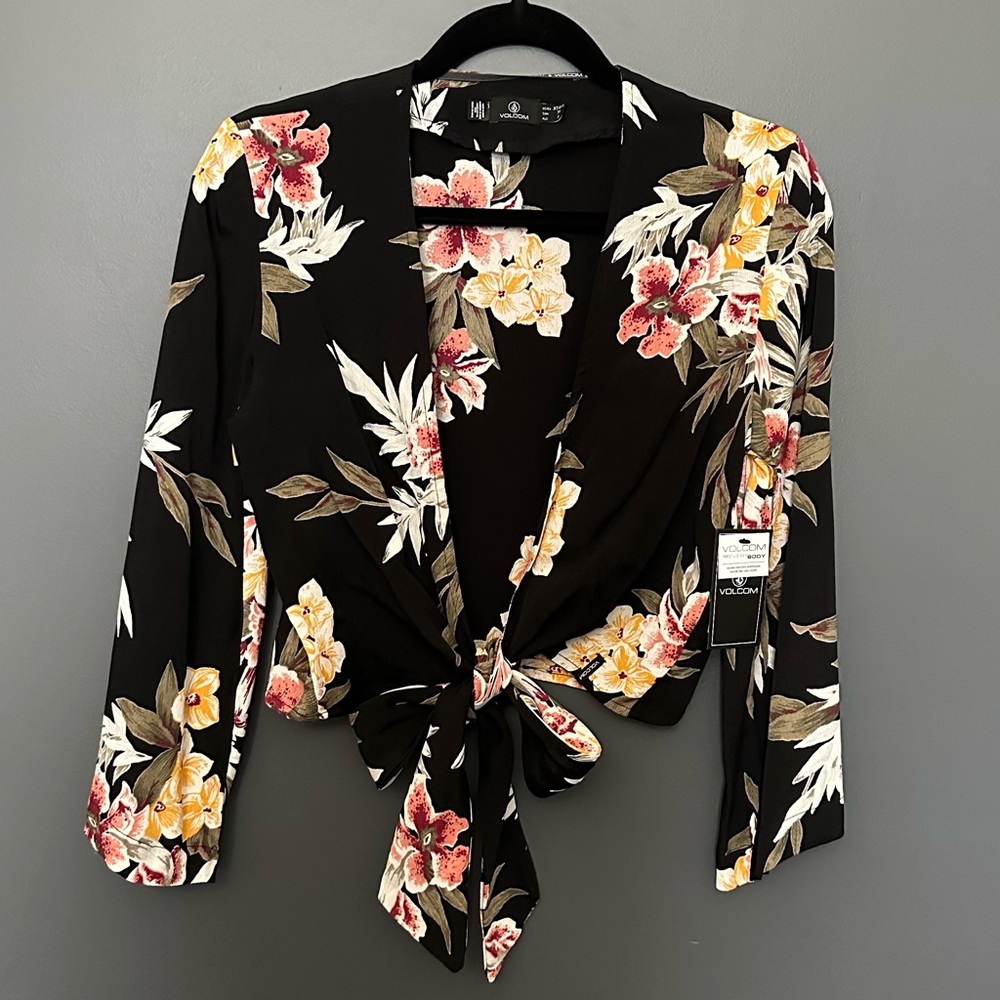 Volcom Black Floral Tie-Front Blouse